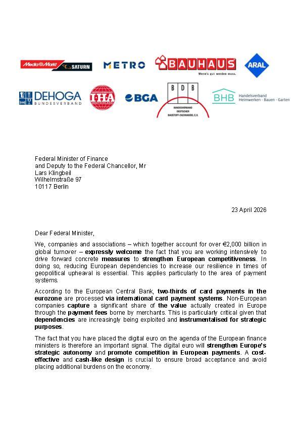 Letter to the Federal Minister of Finance and Deputy to the Federal Chancellor about Commercial Card Fees