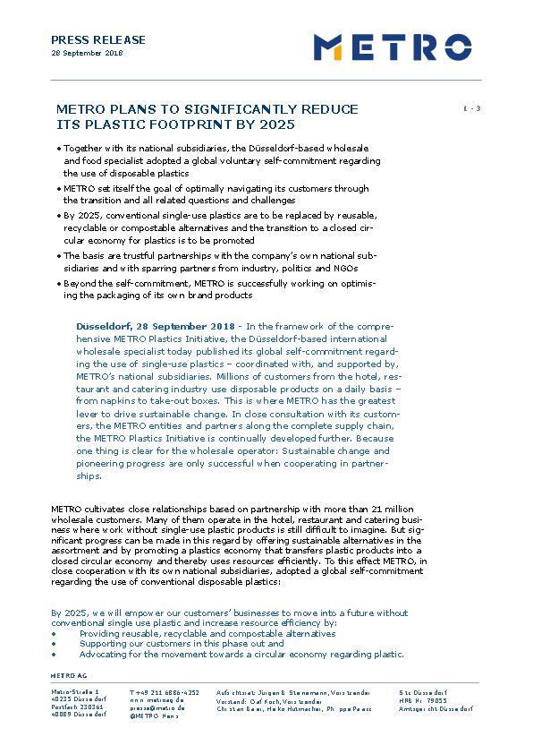 METRO PLANS TO SIGNIFICANTLY REDUCE ITS PLASTIC FOOTPRINT BY 2025