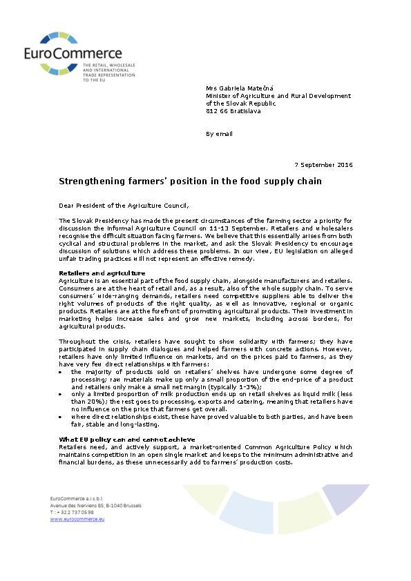 EuroCommerce Letter: Strengthening Farmers’ Position in the Food Supply Chain