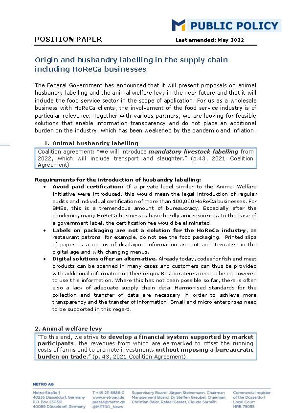 METRO position paper on Animal Husbandry