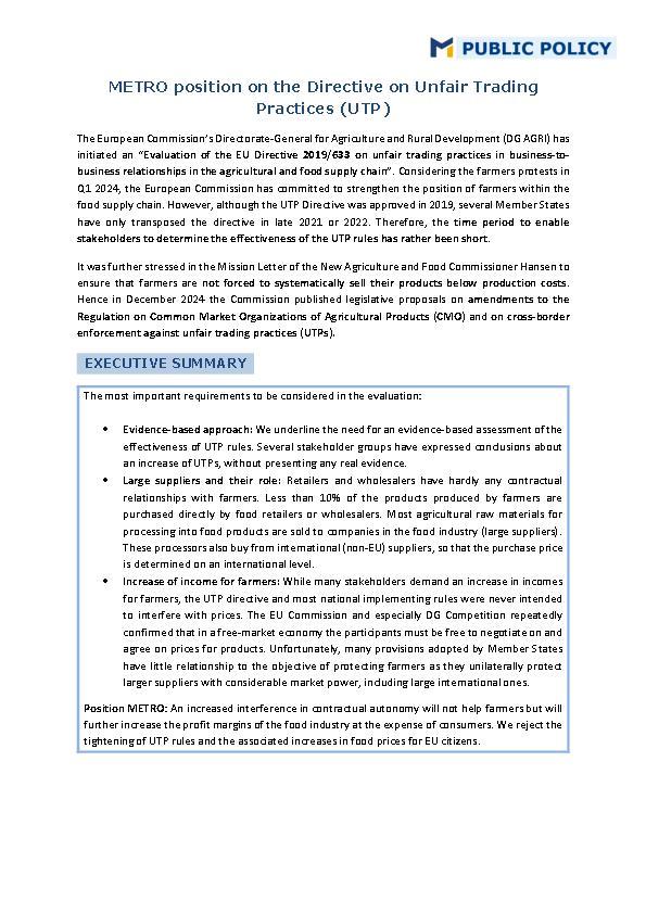 METRO position on the Directive on Unfair Trading Practices (UTP)